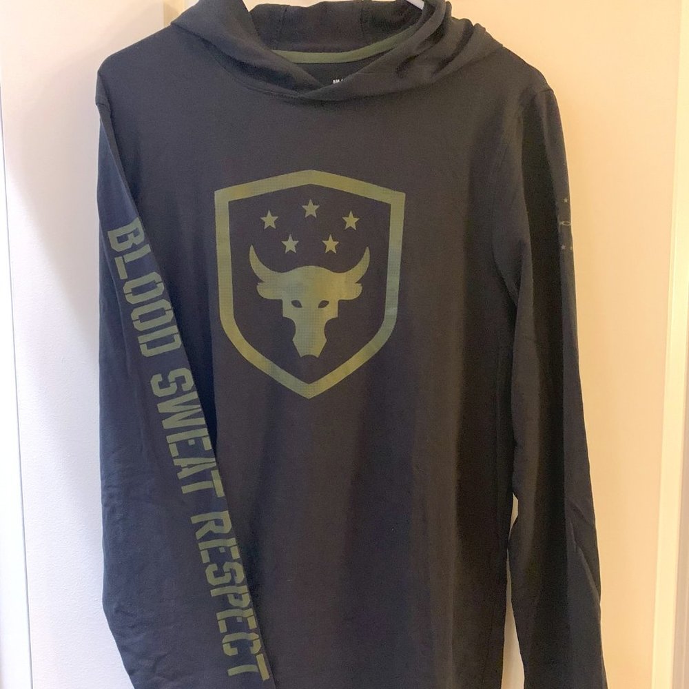 Project rock long sleeve blood sweat respect shirt with hoodie, black, size S.